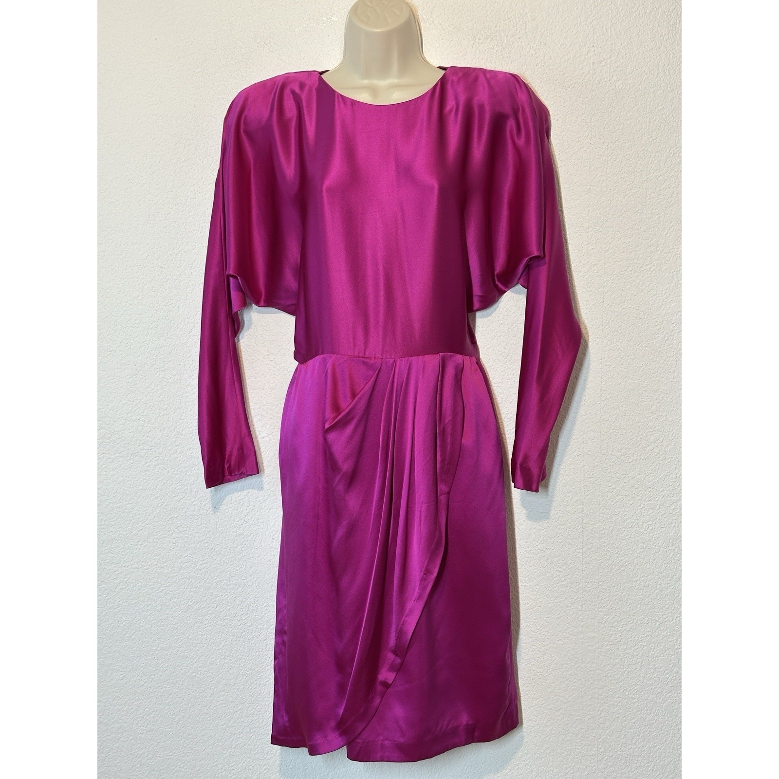 Vtg 80s Gillian Dress 10 Fushia Silk Dolman Sleeve Pad Shoulder Draped Blouson